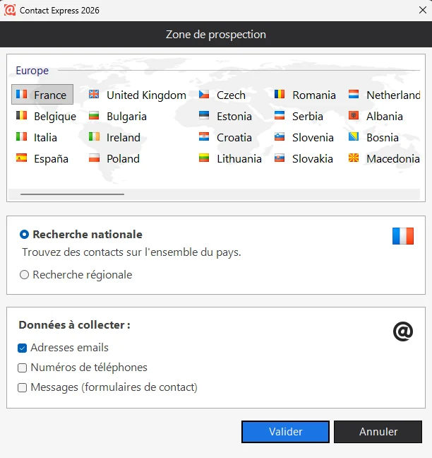 Choix de la zone géographique dans Contact Express