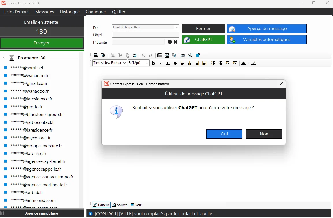 Édition d’un message personnalisé dans Contact Express